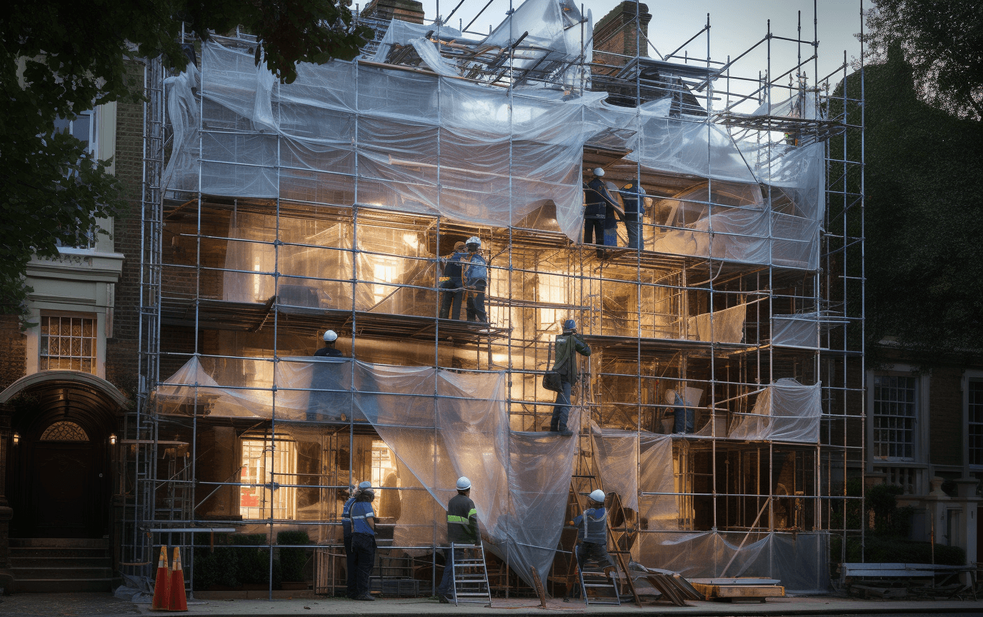 builders putting scaffolding over a building